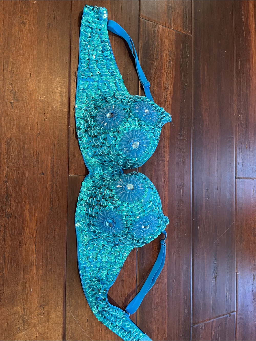 Turquoise Sequin Bra with Floral Beaded Accents
